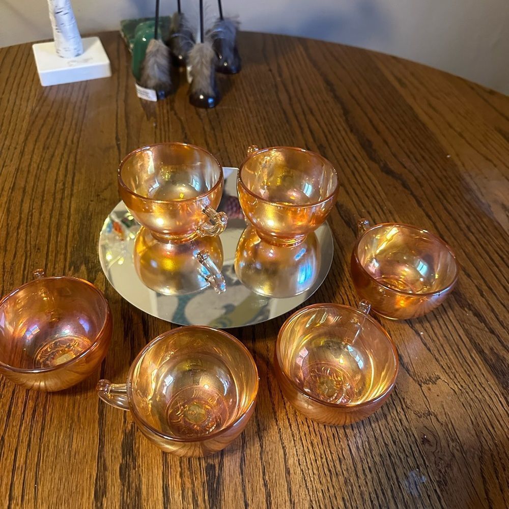 Jeanette Marigold Carnival iridescent orange egg nog glass bowl glasses - Picture 3 of 10